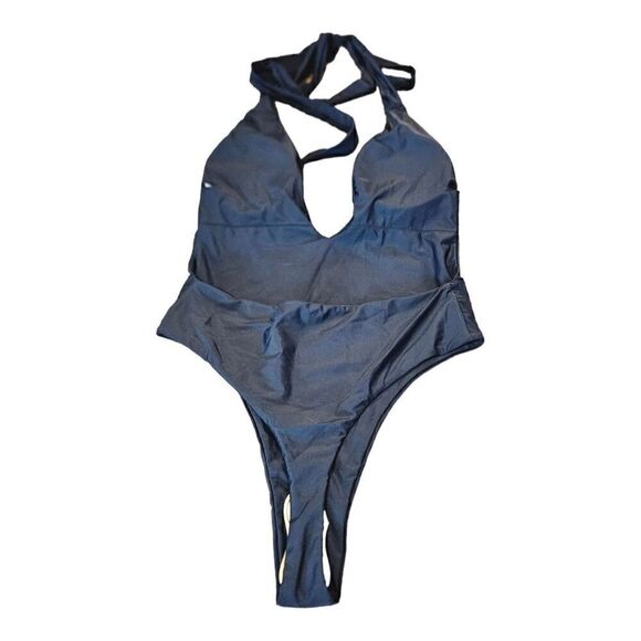 Lilosy Womens Black Halter Deep V-Neck Wrap Tie Waist One-Piece Swimsuit Size L - Picture 6 of 14